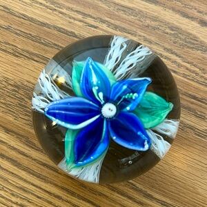 Scottish Glass Strathearn Paperweight with Blue Lampwork Flower & Latticino